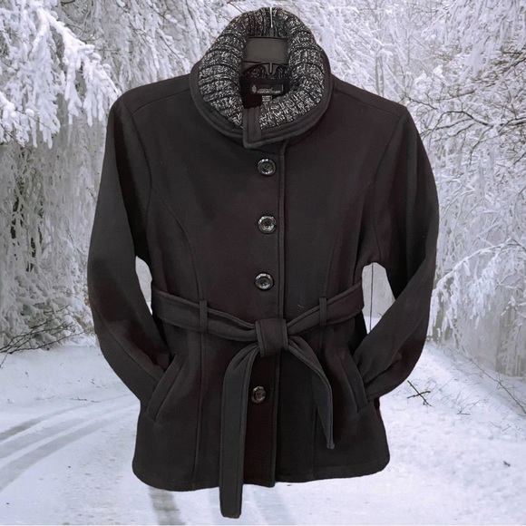 Signature Studio Size XL Black Front Button Pea Coat Tie Belt & Pockets - Picture 3 of 6